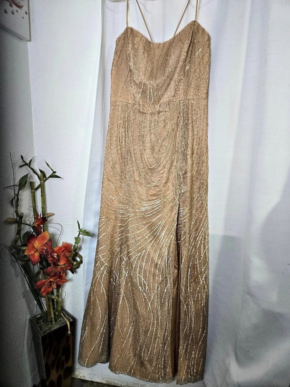 Galina Signature Metallic Sequined Sheath Gold Sequin Maxi Dress Size 16 NWT